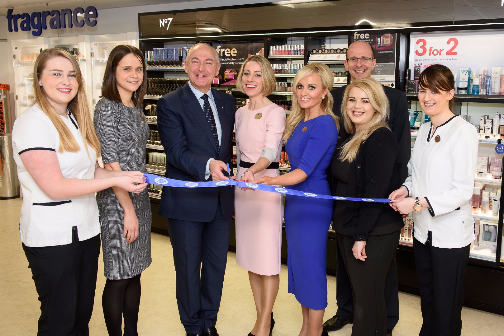 Claire with the store team, Anne Higgins, Head of Customer Experience for Northern Ireland, Janine Barker, Area Manager and Marco Pagni, Executive Vice President, Global Chief Administrative Officer and General Counsel of Walgreens Boots Alliance, Inc, who is originally from Dungannon and officially cut the ribbon