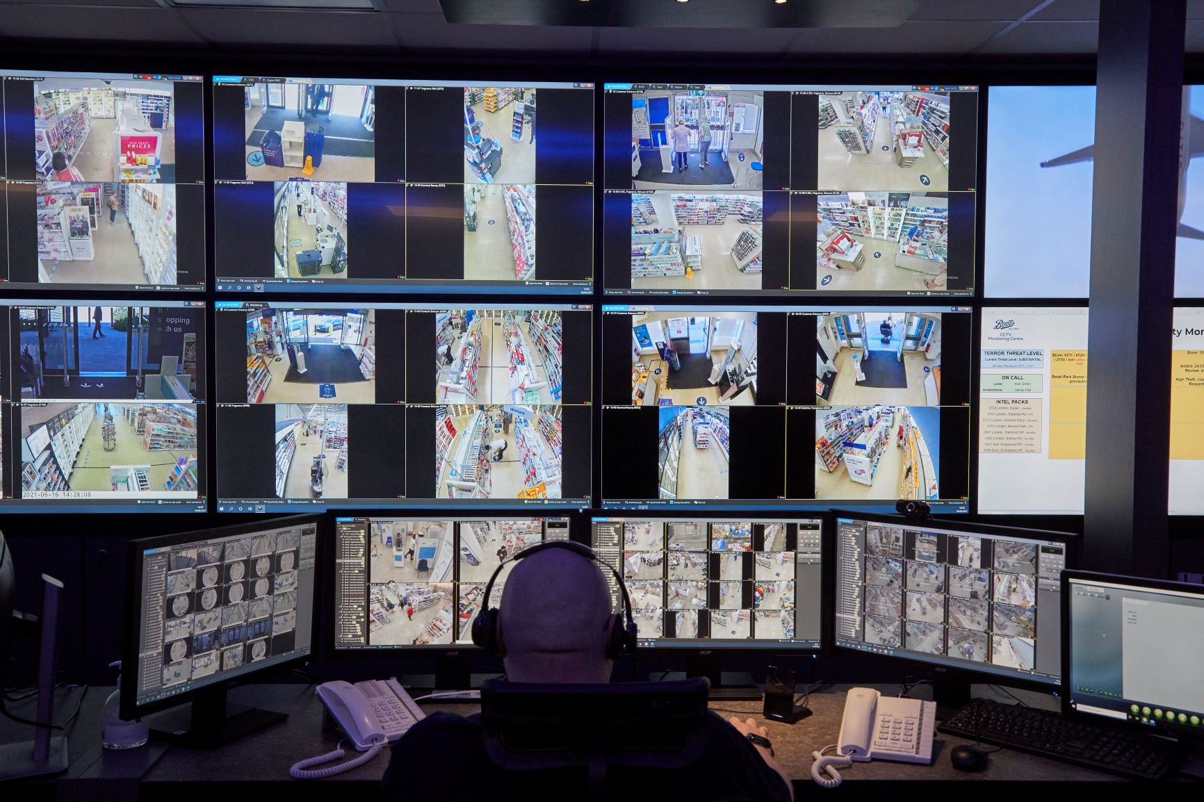 Boots CCTV Monitoring Centre features 18 screens along an 11-metre wall that can display live CCTV feeds from over 1,000 Boots stores across the UK